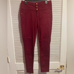 Red Skinny Jeans with Gold Buttons